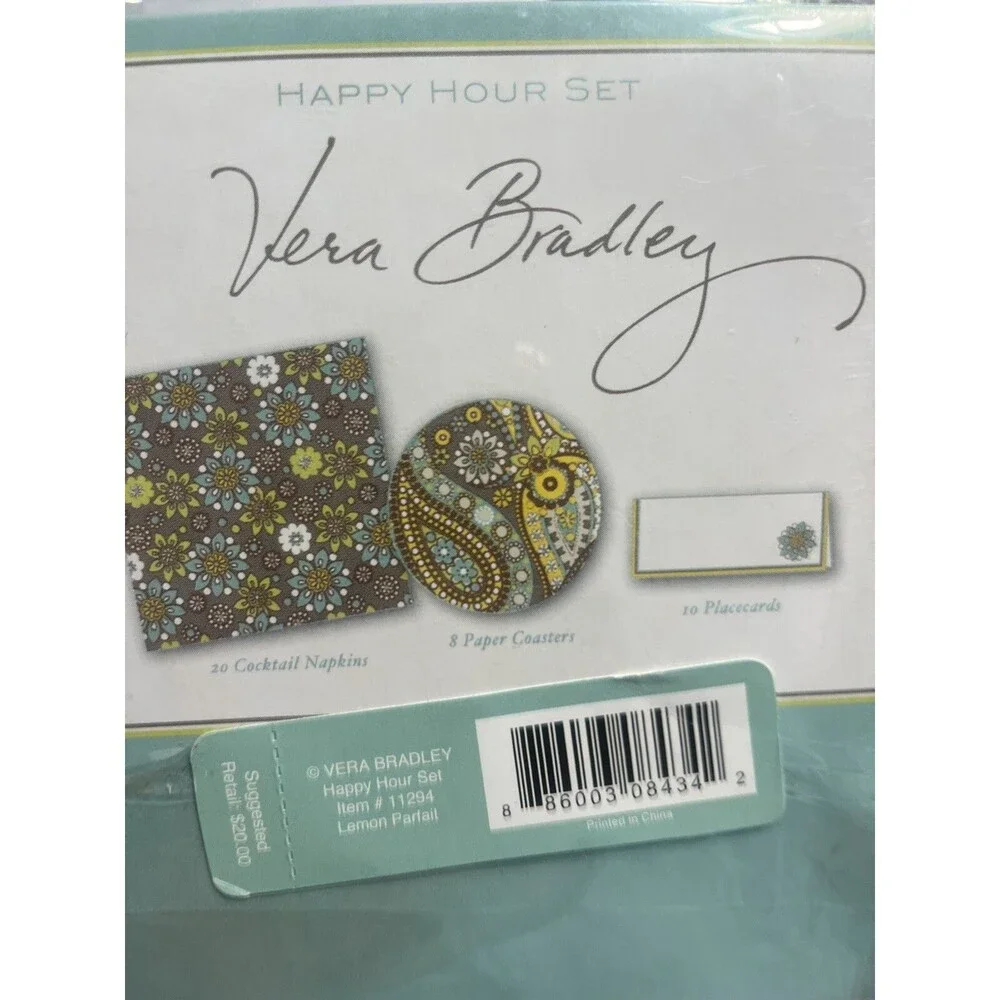 2 Vera Bradley Happy Hour Set, Napkins Coasters Place Cards Pink Green Yellow
